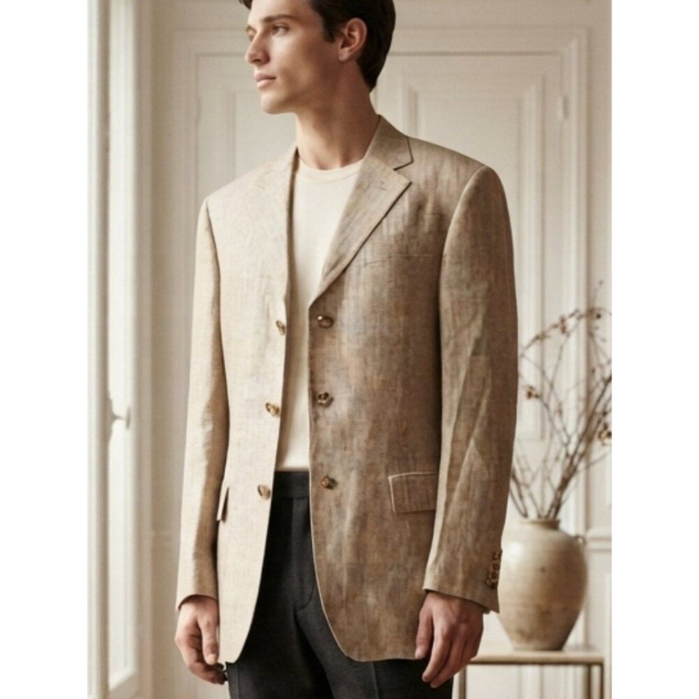 Bachrach Men's Beige Linen-Blend Blazer - Classic Single-Breasted Style 40R
